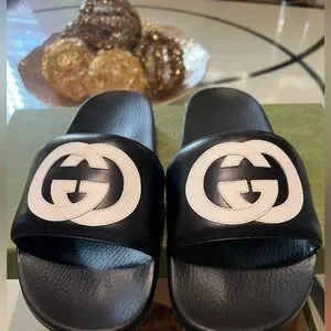 Gucci | Shoes | Gucci Black And White Logo Slides | Poshmark display picture 1